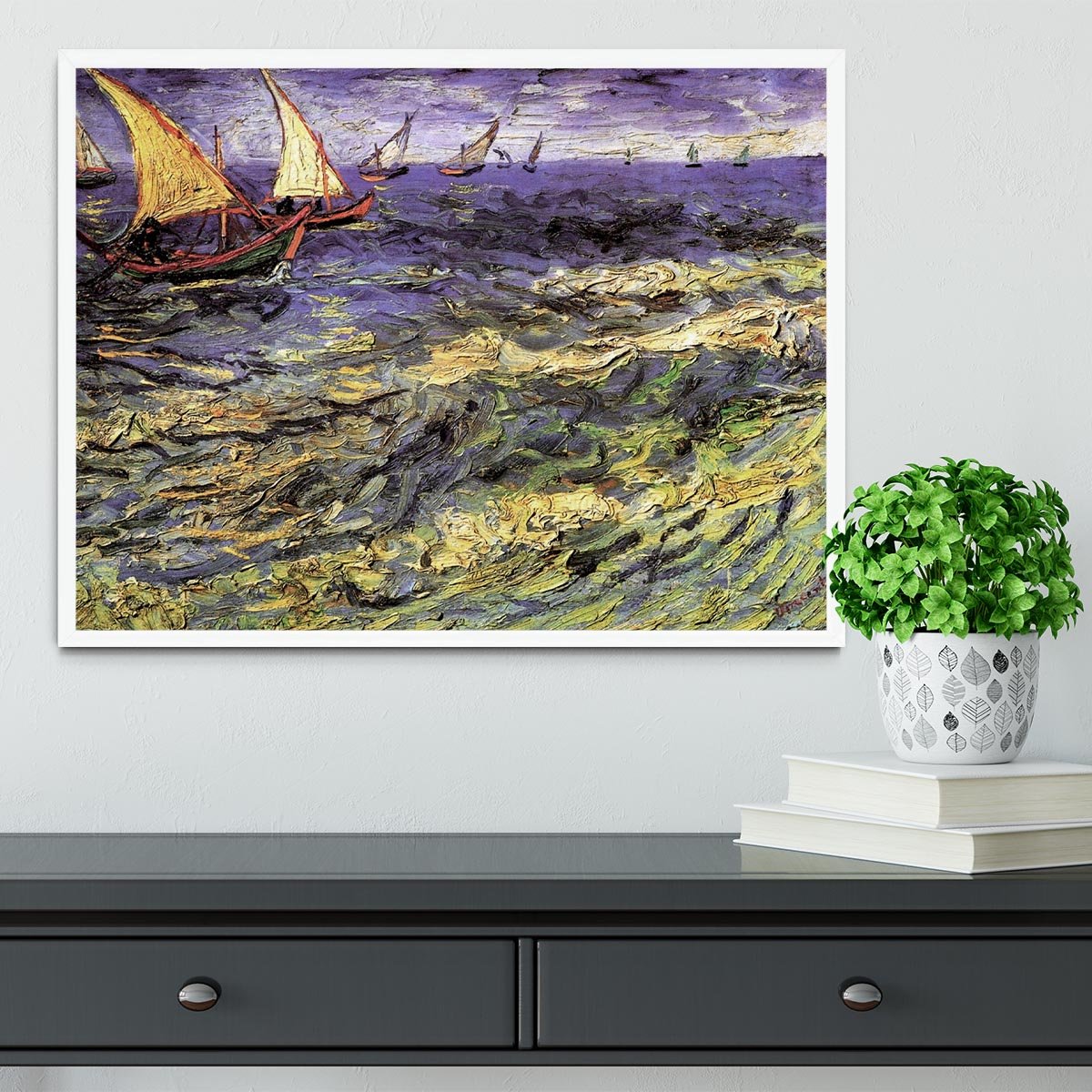 Seascape at Saintes-Maries by Van Gogh Framed Print - Canvas Art Rocks -6