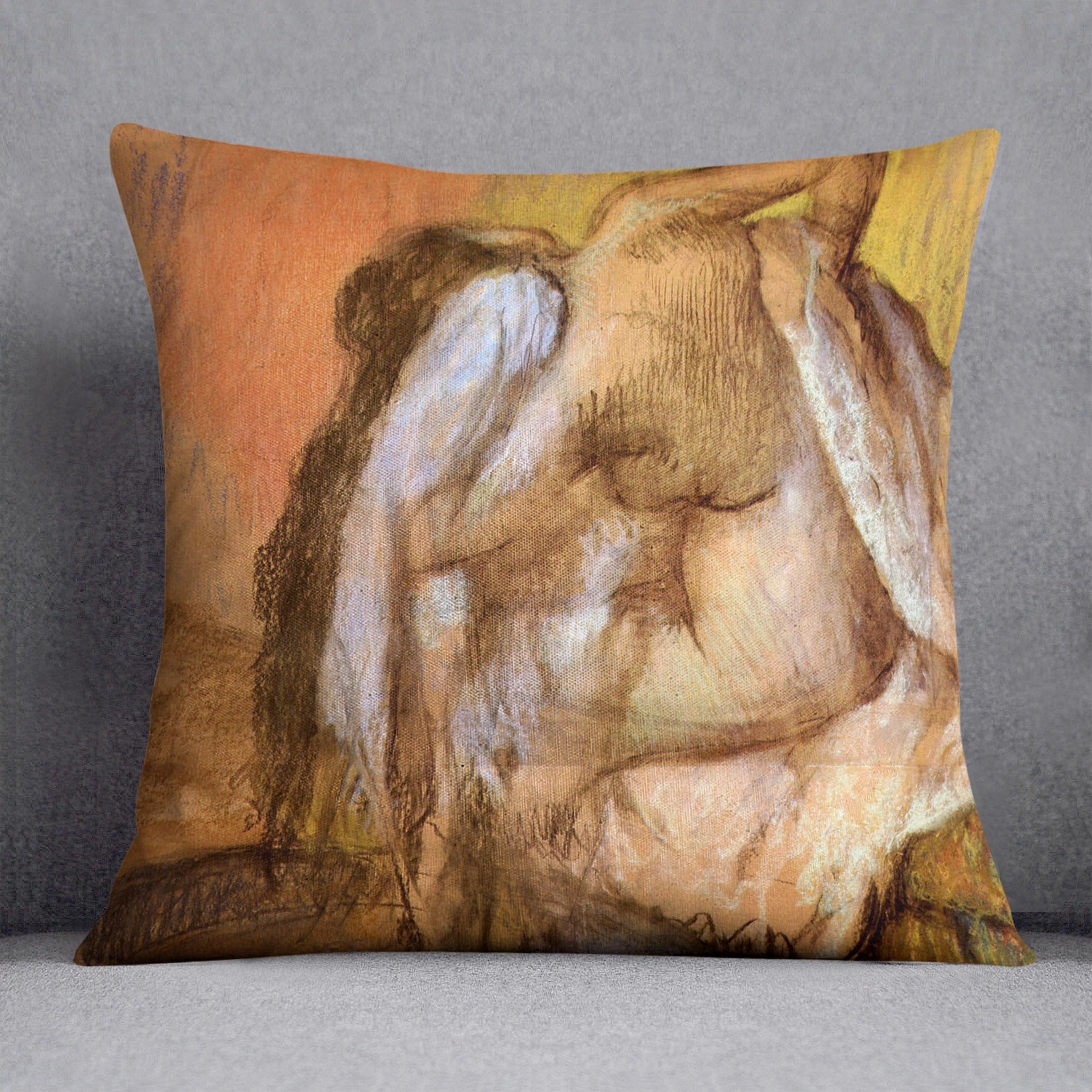 Seated female nude drying neck and back by Degas Cushion