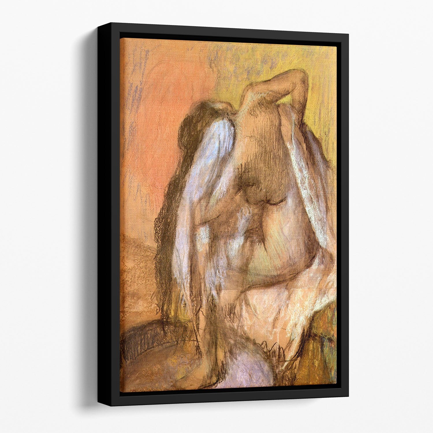 Seated female nude drying neck and back by Degas Floating Framed Canvas
