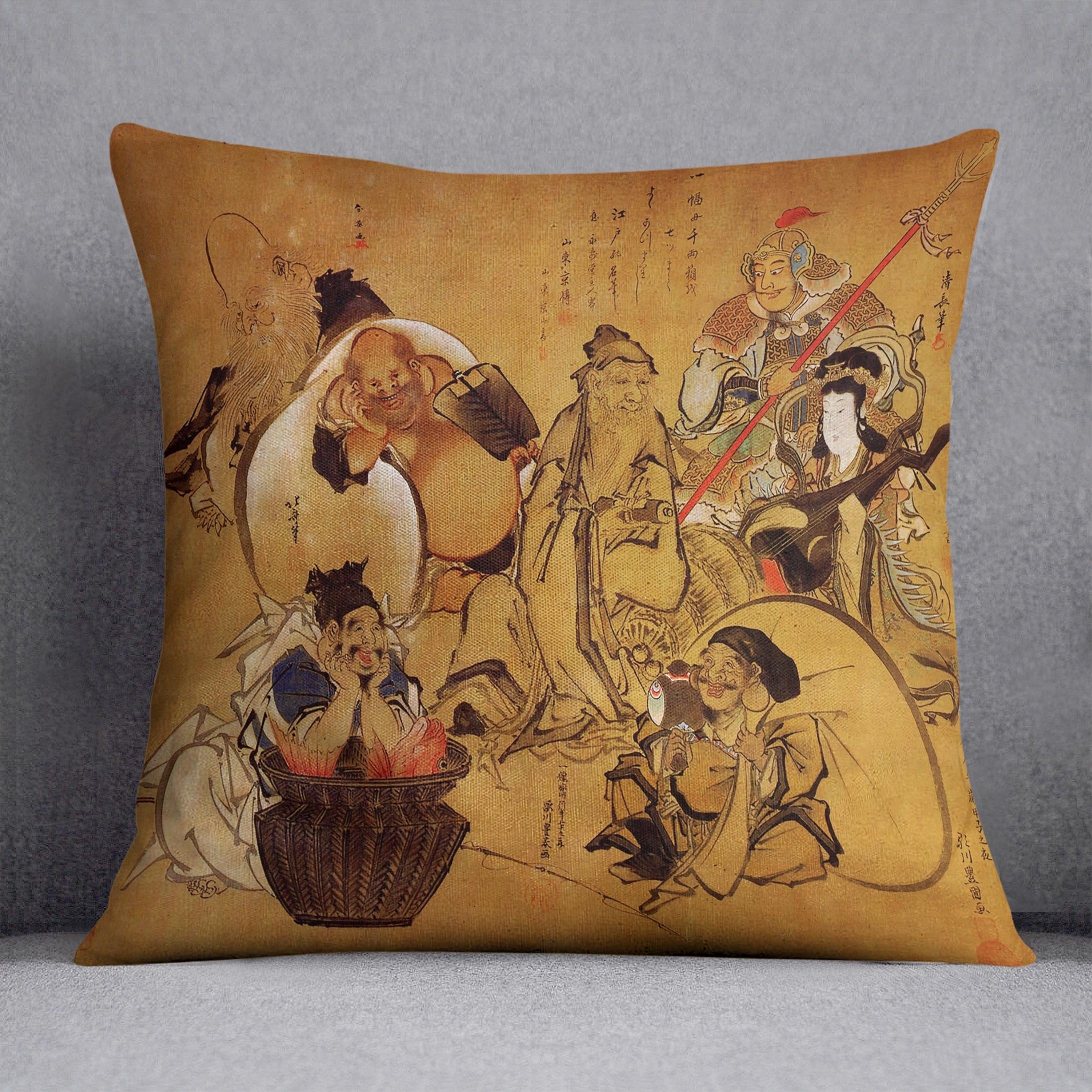 Seven gods of fortune by Hokusai Throw Pillow