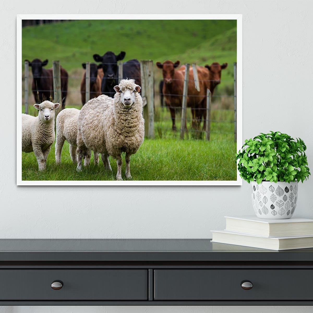 Sheep and cows Framed Print - Canvas Art Rocks -6