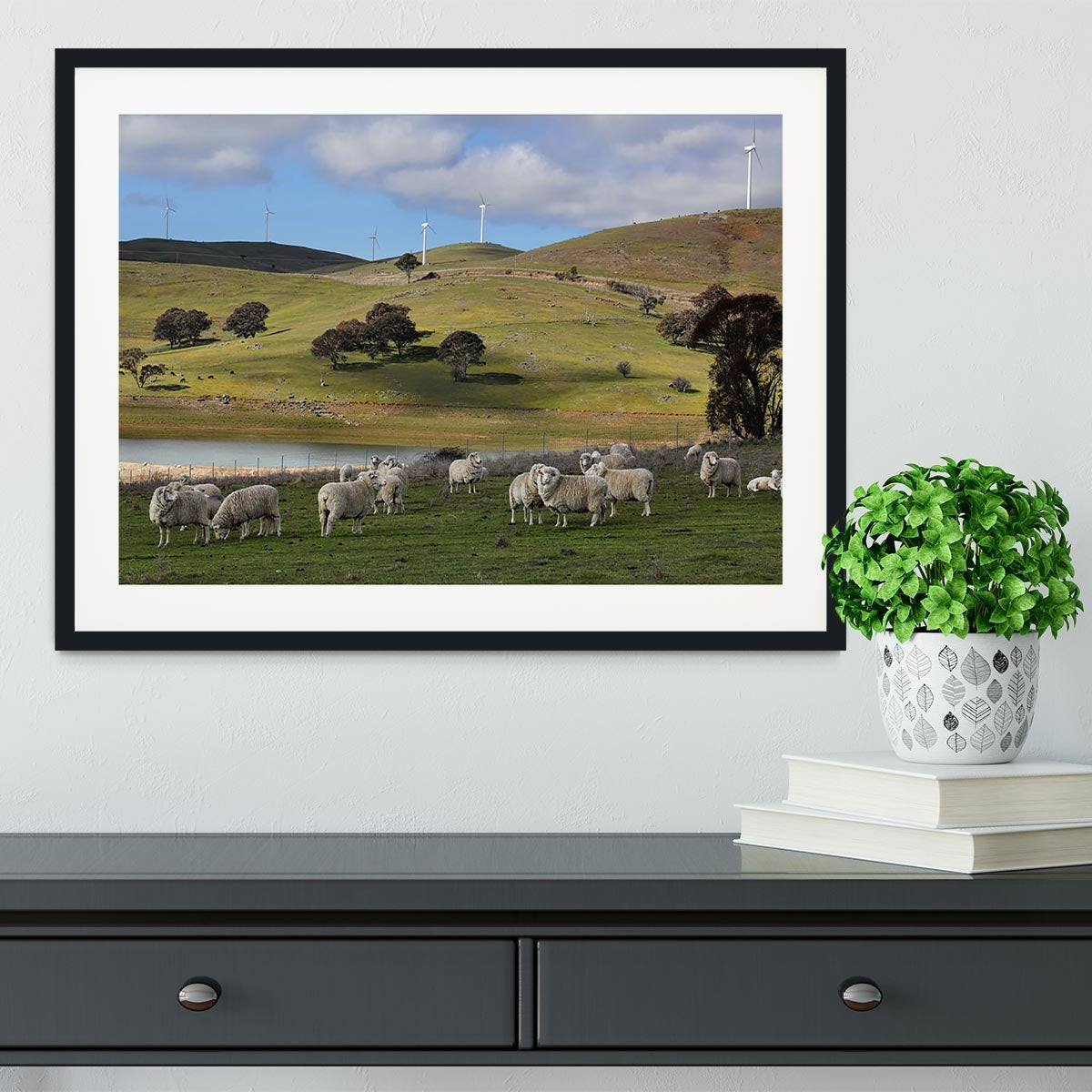 Sheep grazing below the Blayney to Carcoar windfarm Framed Print - Canvas Art Rocks - 1