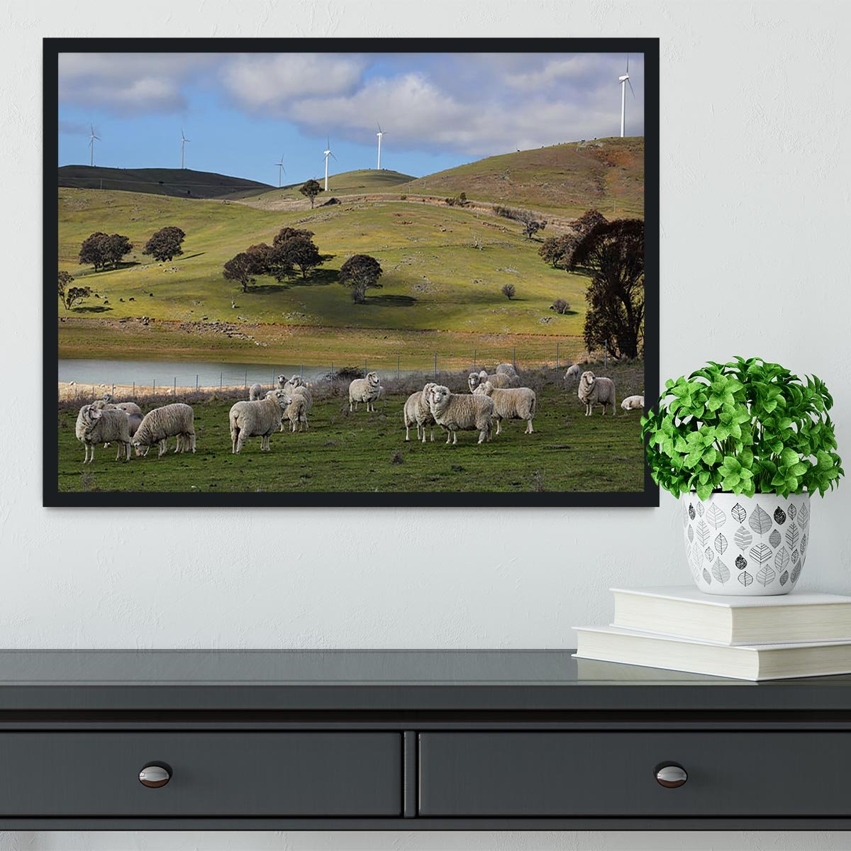 Sheep grazing below the Blayney to Carcoar windfarm Framed Print - Canvas Art Rocks - 2