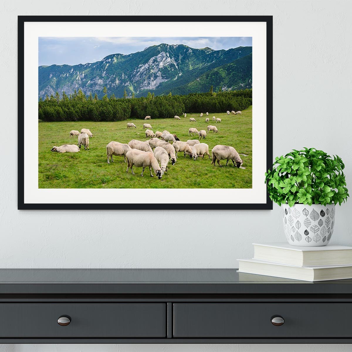 Sheep herds at alpine pastures Framed Print - Canvas Art Rocks - 1