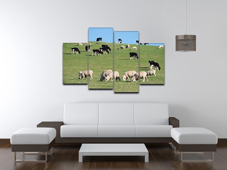 Sheeps in green rural meadow with cows 4 Split Panel Canvas - Canvas Art Rocks - 3