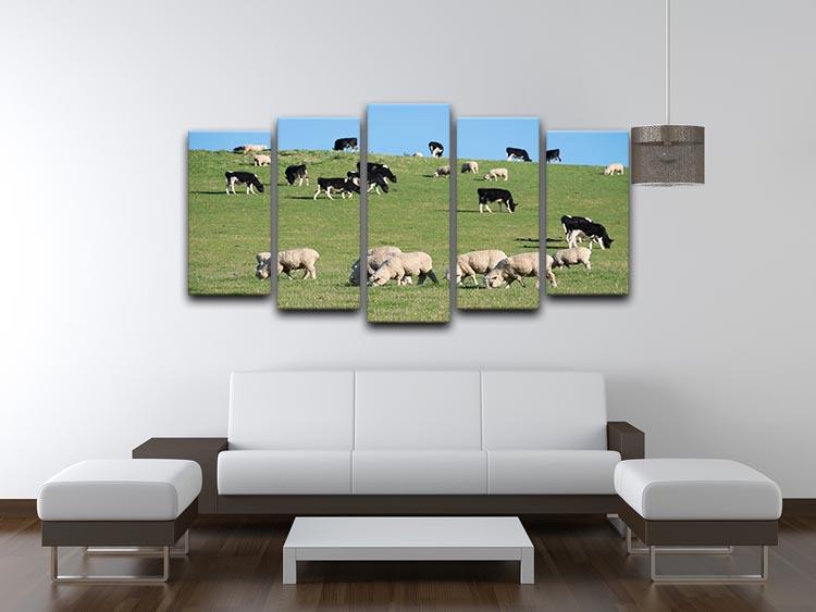 Sheeps in green rural meadow with cows 5 Split Panel Canvas - Canvas Art Rocks - 3