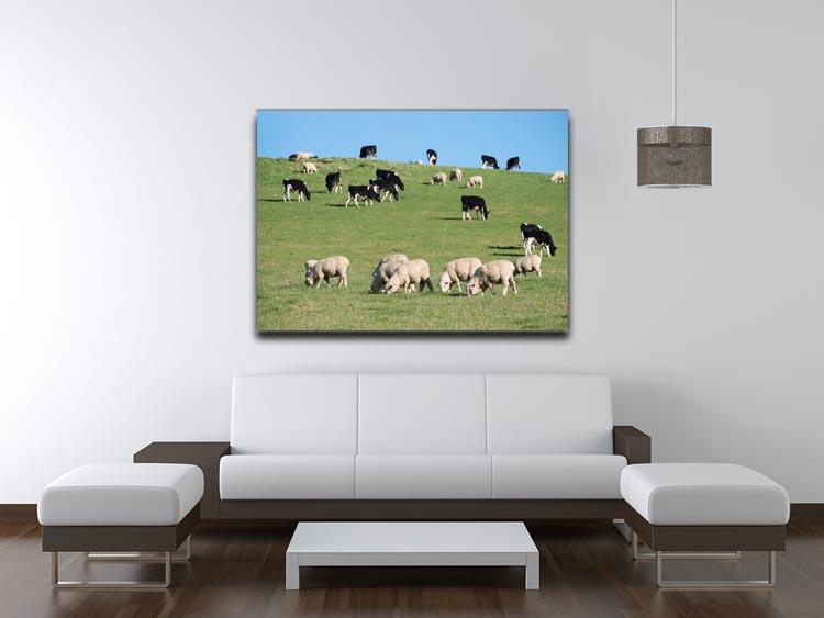 Sheeps in green rural meadow with cows Canvas Print or Poster - Canvas Art Rocks - 4