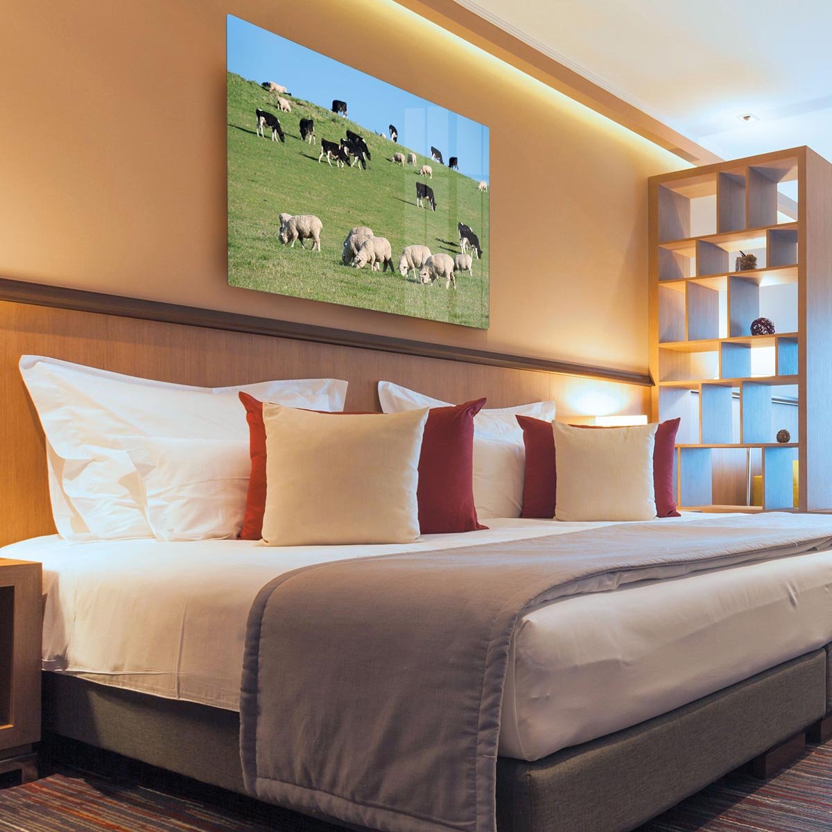 Sheeps in green rural meadow with cows HD Metal Print - Canvas Art Rocks - 3
