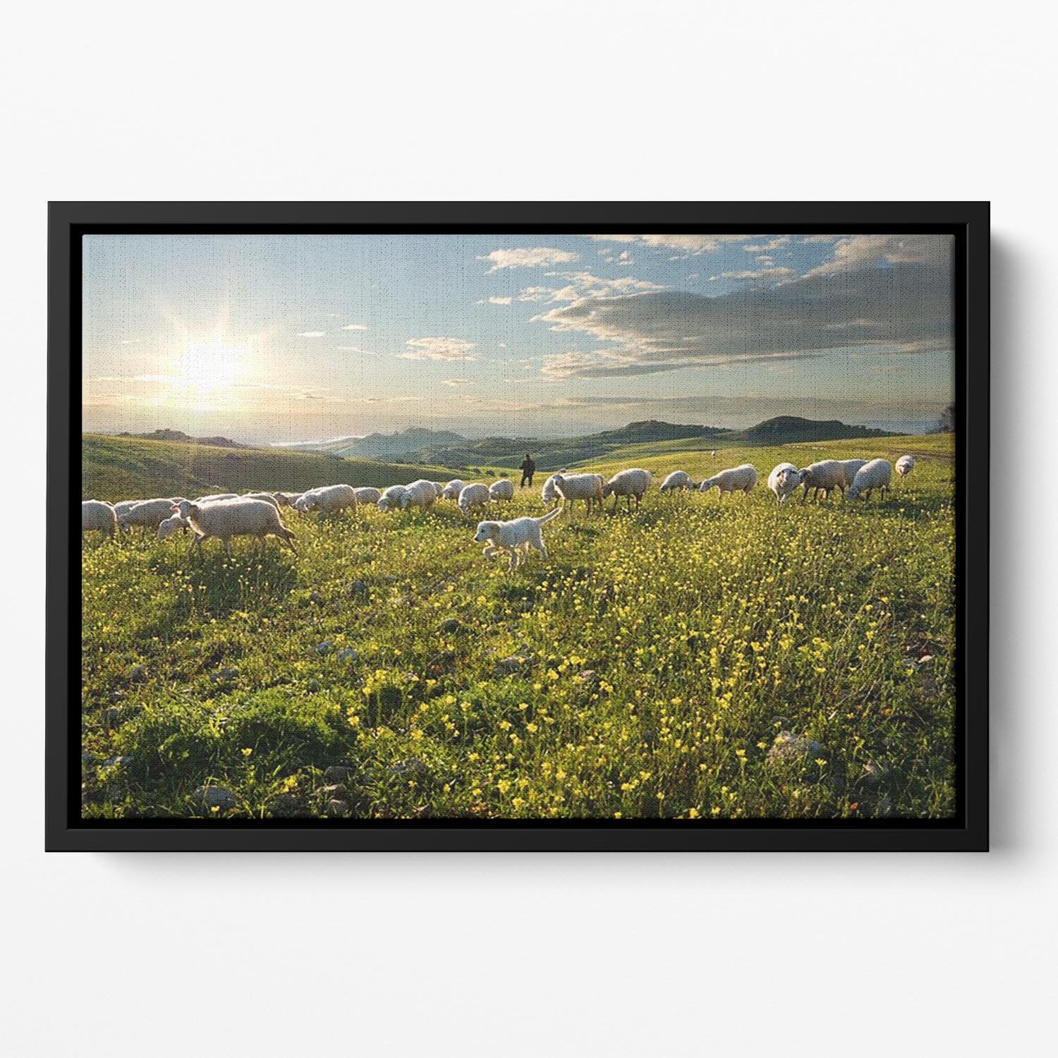 Shepherd with dog and sheep Floating Framed Canvas - Canvas Art Rocks - 2