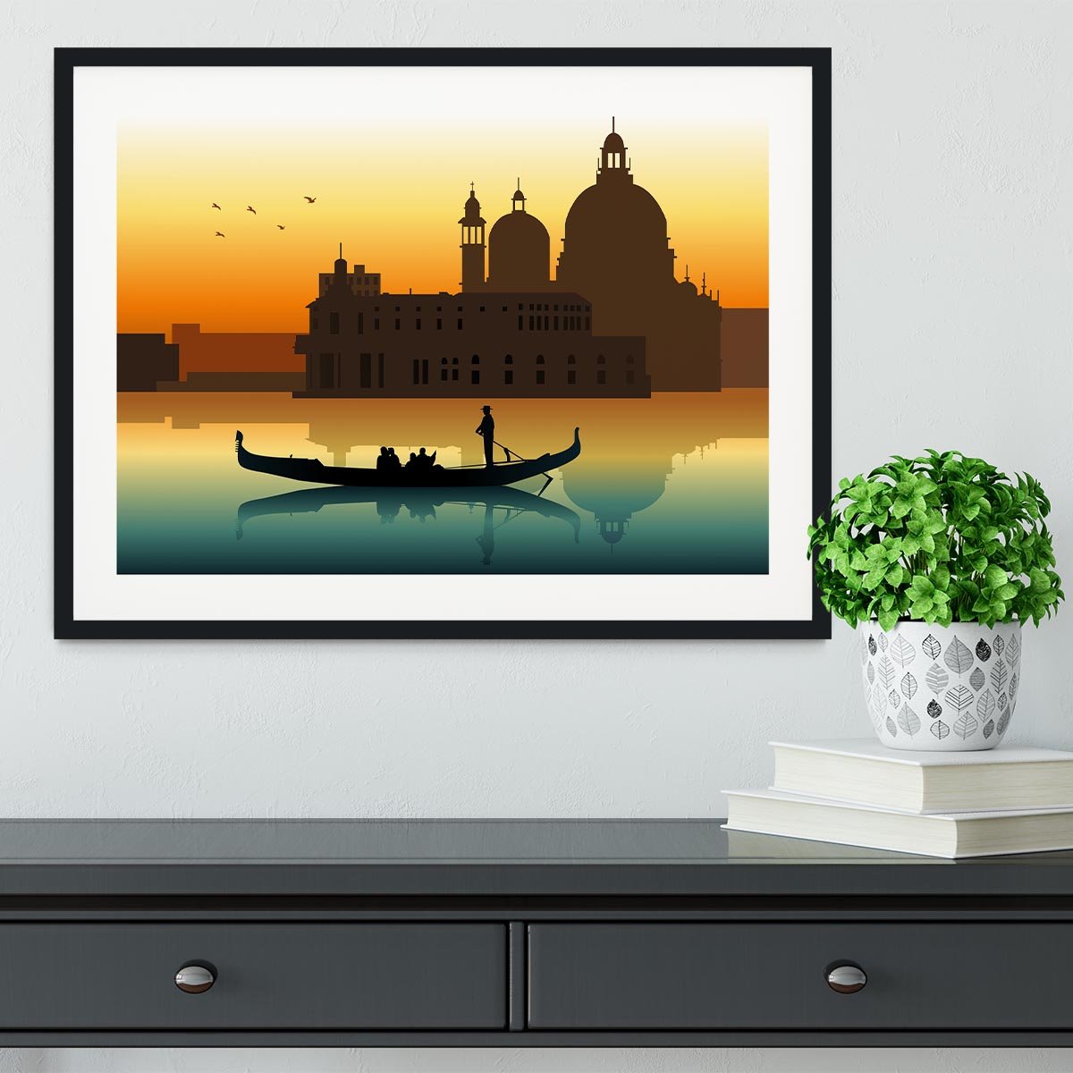 Silhouette illustration gondola in Venice Framed Print - Canvas Art Rocks - 1
