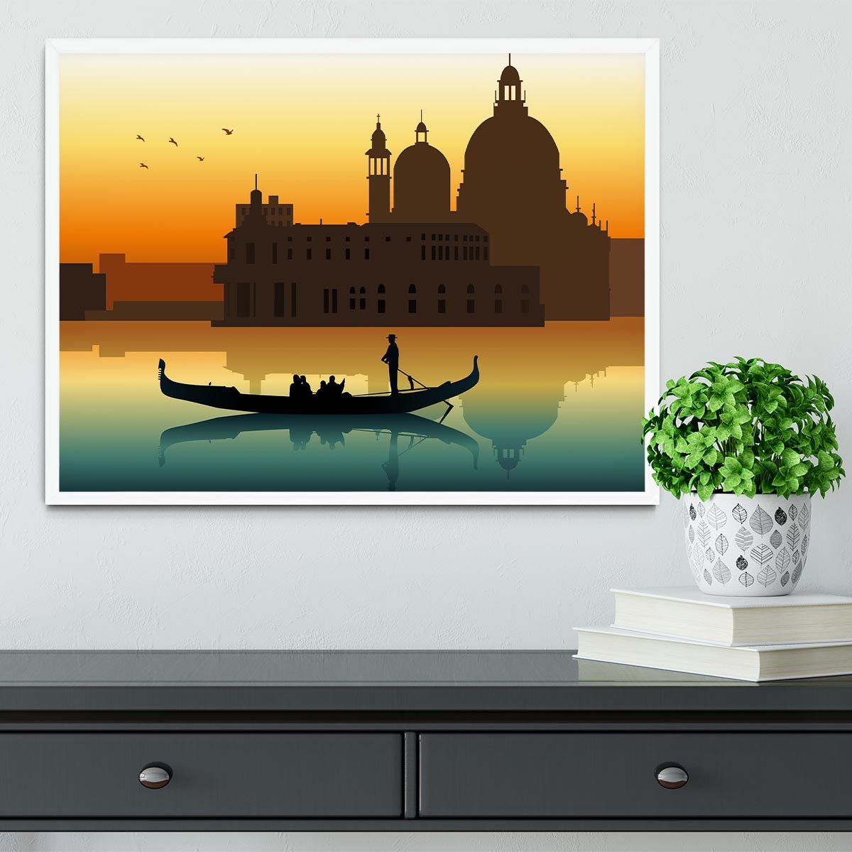 Silhouette illustration gondola in Venice Framed Print - Canvas Art Rocks -6