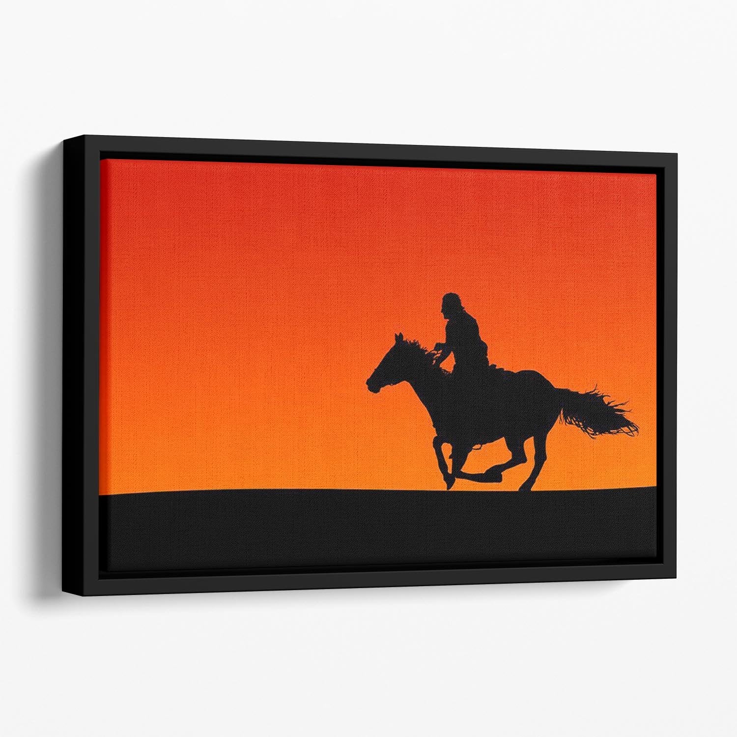Silhouette of a horse and rider at sunset Floating Framed Canvas - Canvas Art Rocks - 1