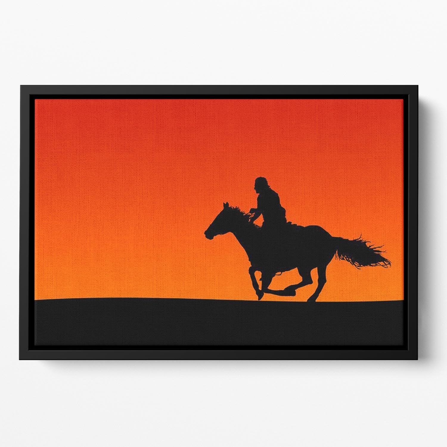Silhouette of a horse and rider at sunset Floating Framed Canvas - Canvas Art Rocks - 2