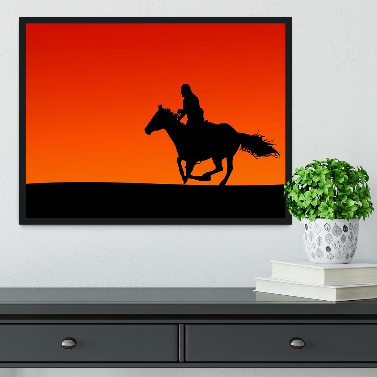 Silhouette of a horse and rider at sunset Framed Print - Canvas Art Rocks - 2