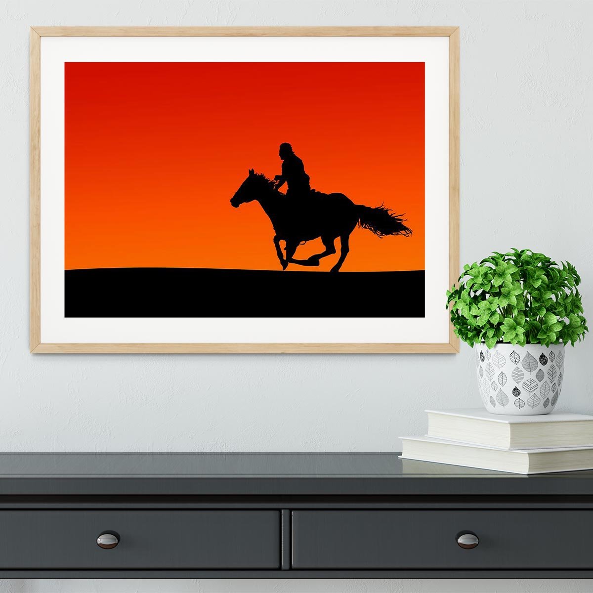 Silhouette of a horse and rider at sunset Framed Print - Canvas Art Rocks - 3