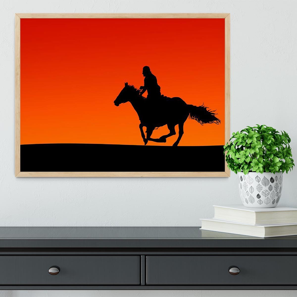 Silhouette of a horse and rider at sunset Framed Print - Canvas Art Rocks - 4