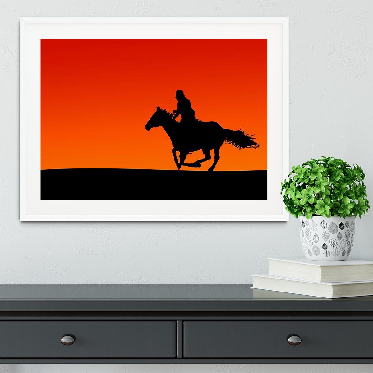 Silhouette of a horse and rider at sunset Framed Print - Canvas Art Rocks - 5