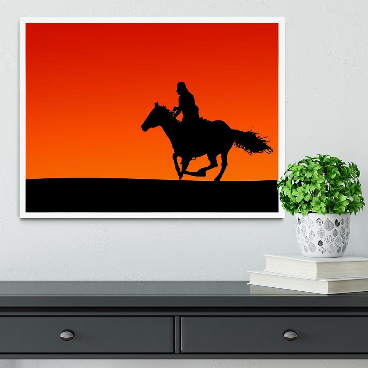 Silhouette of a horse and rider at sunset Framed Print - Canvas Art Rocks -6