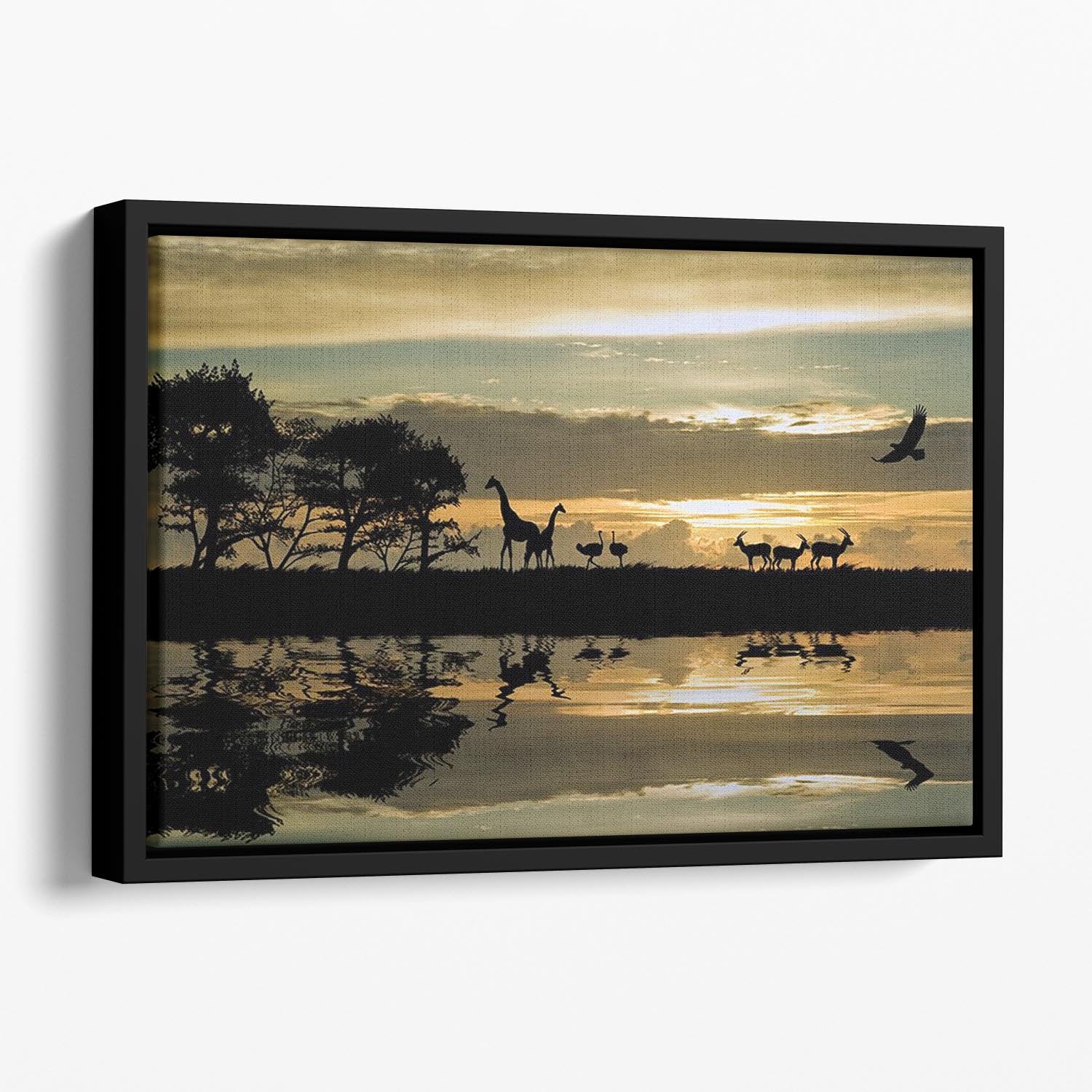 Silhouette of animals in Africa Floating Framed Canvas - Canvas Art Rocks - 1