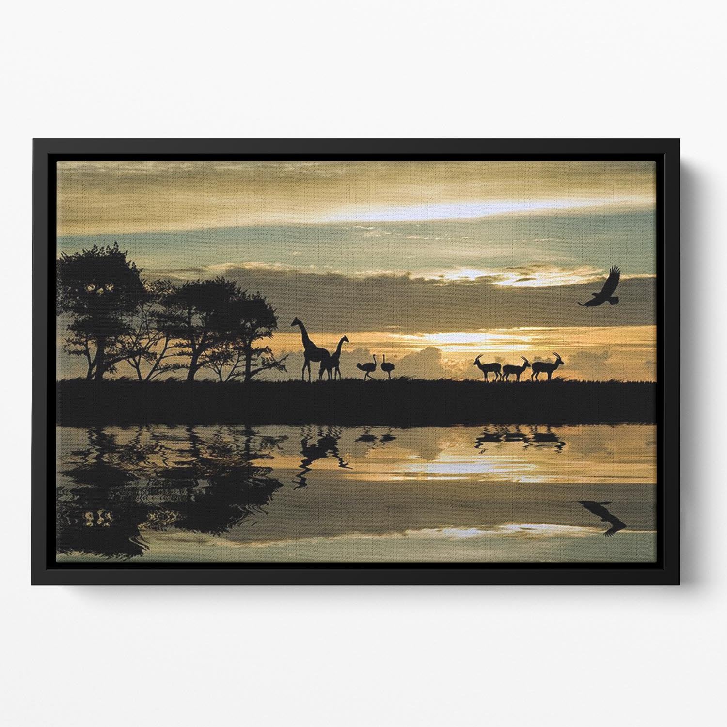 Silhouette of animals in Africa Floating Framed Canvas - Canvas Art Rocks - 2