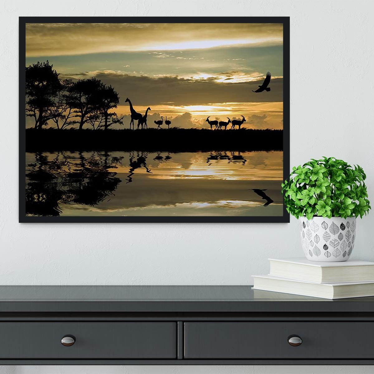 Silhouette of animals in Africa Framed Print - Canvas Art Rocks - 2