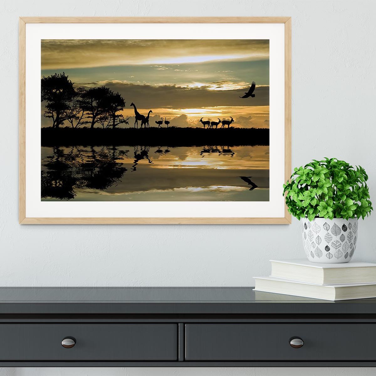 Silhouette of animals in Africa Framed Print - Canvas Art Rocks - 3
