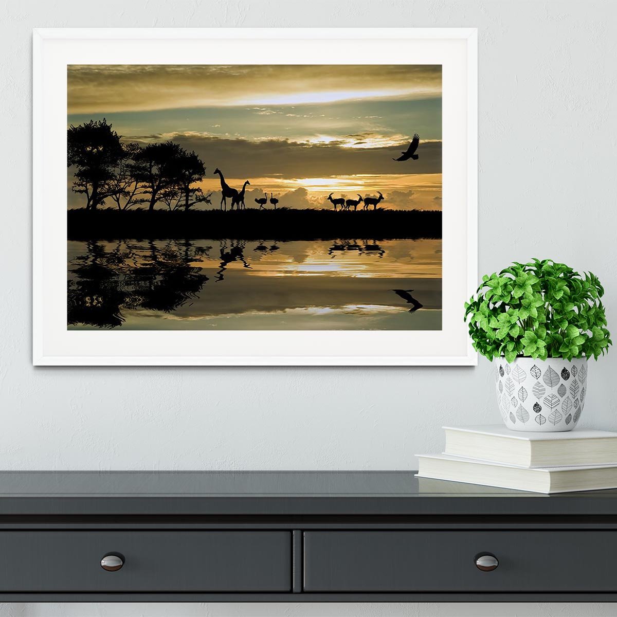 Silhouette of animals in Africa Framed Print - Canvas Art Rocks - 5