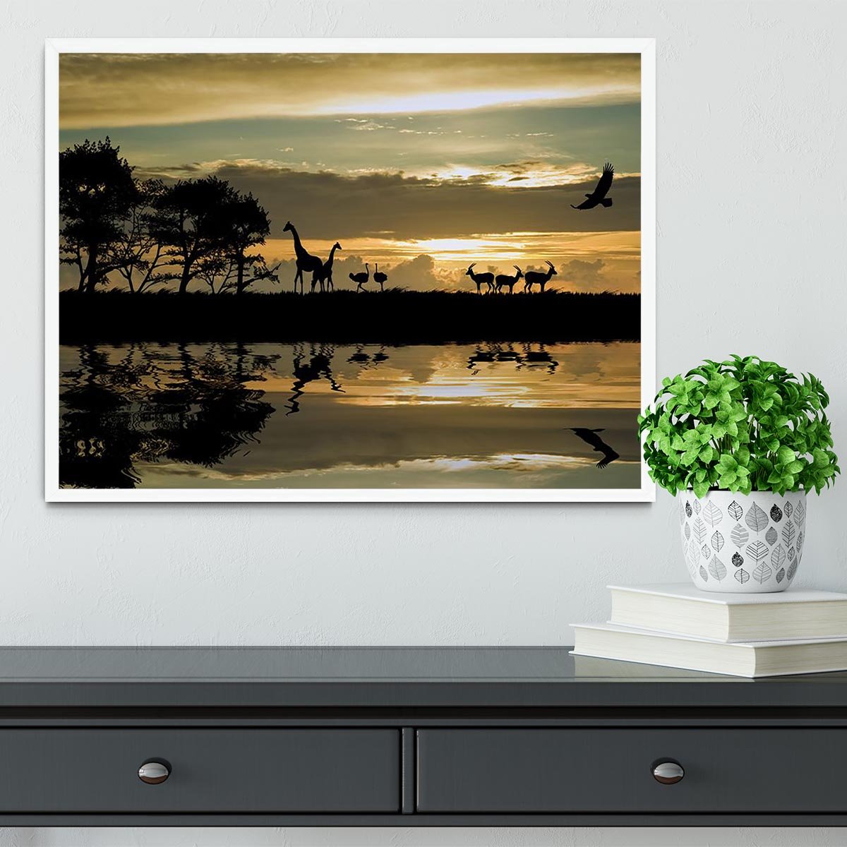 Silhouette of animals in Africa Framed Print - Canvas Art Rocks -6