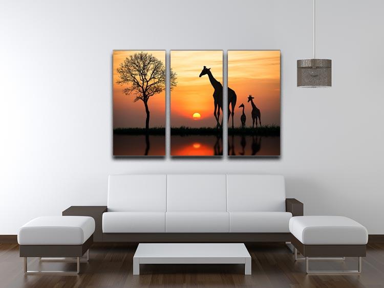 Silhouette of giraffe with reflection in water 3 Split Panel Canvas Print - Canvas Art Rocks - 3