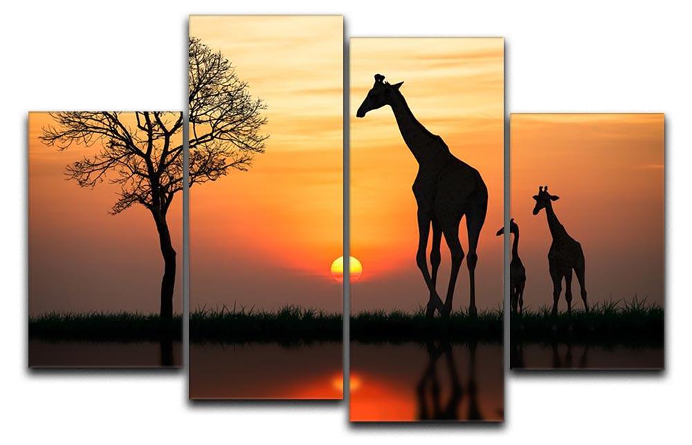 Silhouette of giraffe with reflection in water 4 Split Panel Canvas - Canvas Art Rocks - 1