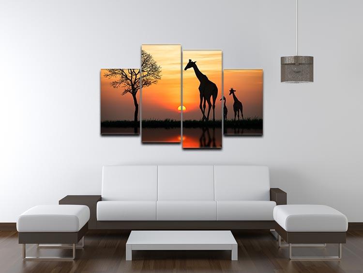 Silhouette of giraffe with reflection in water 4 Split Panel Canvas - Canvas Art Rocks - 3
