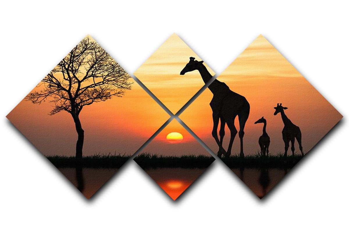 Silhouette of giraffe with reflection in water 4 Square Multi Panel Canvas - Canvas Art Rocks - 1