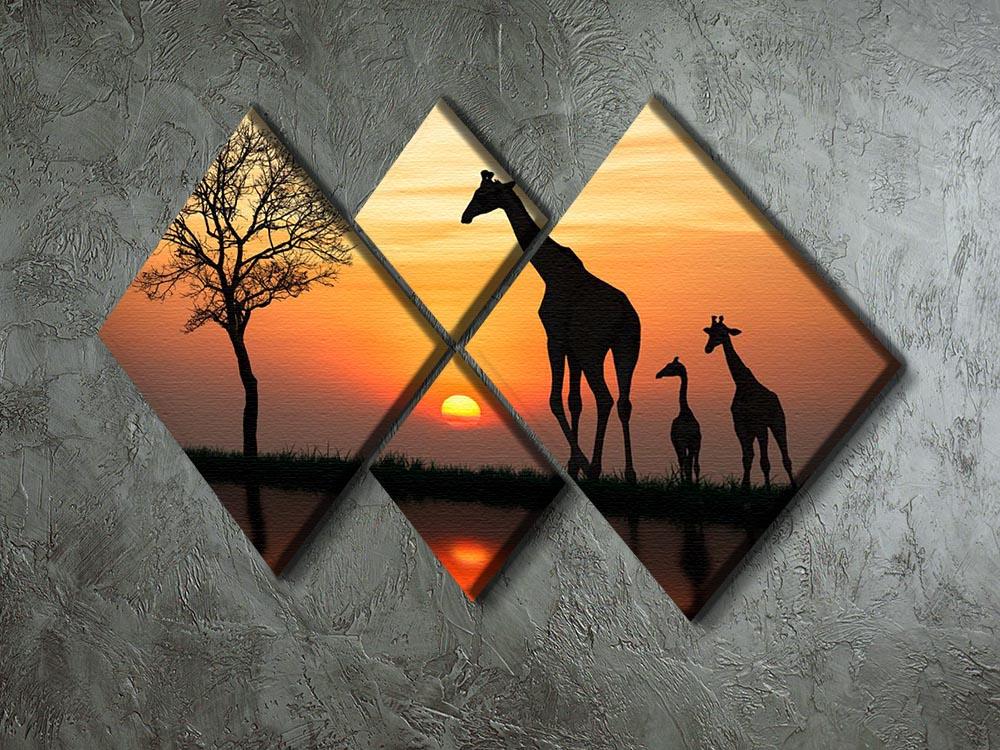 Silhouette of giraffe with reflection in water 4 Square Multi Panel Canvas - Canvas Art Rocks - 2