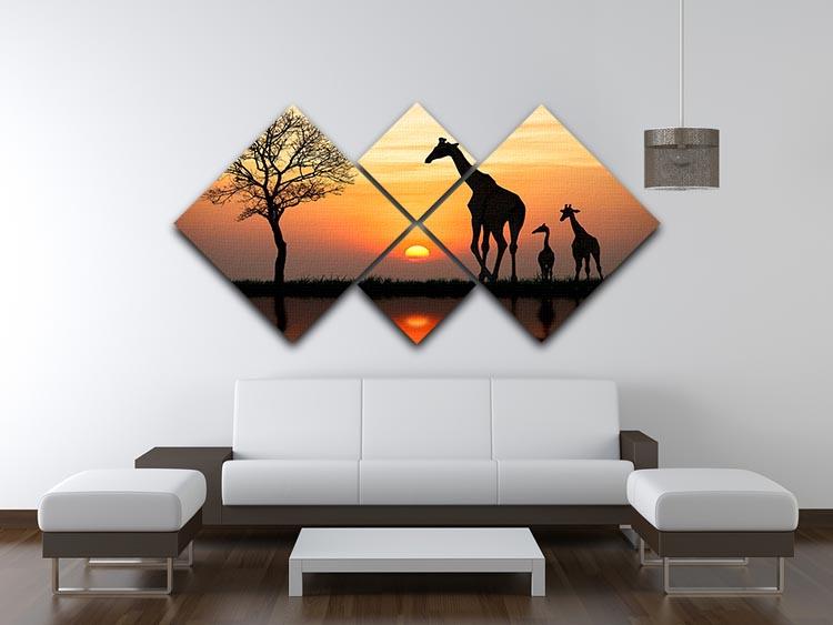 Silhouette of giraffe with reflection in water 4 Square Multi Panel Canvas - Canvas Art Rocks - 3