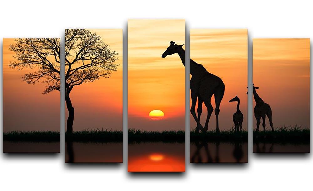Silhouette of giraffe with reflection in water 5 Split Panel Canvas - Canvas Art Rocks - 1