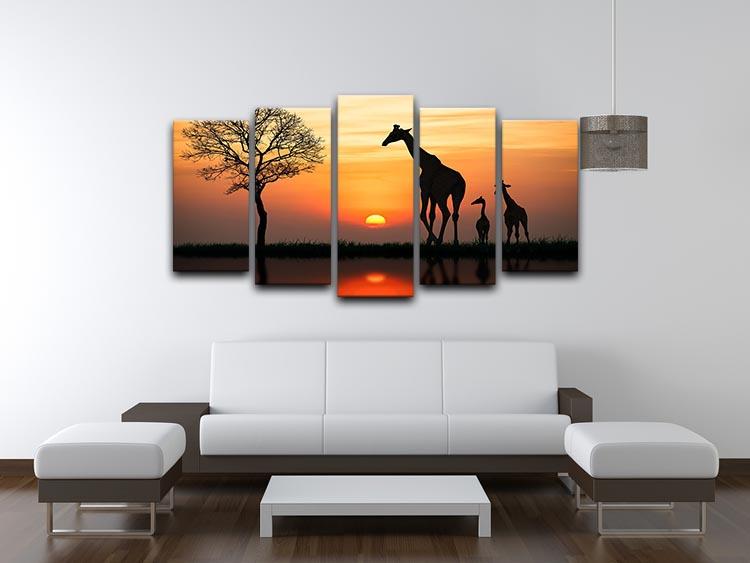Silhouette of giraffe with reflection in water 5 Split Panel Canvas - Canvas Art Rocks - 3