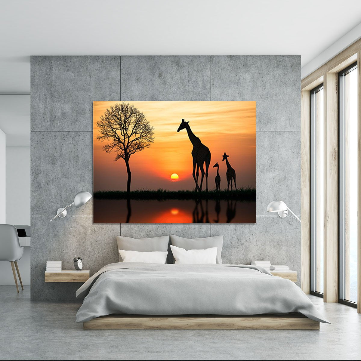 Silhouette of giraffe with reflection in water Canvas Print or Poster