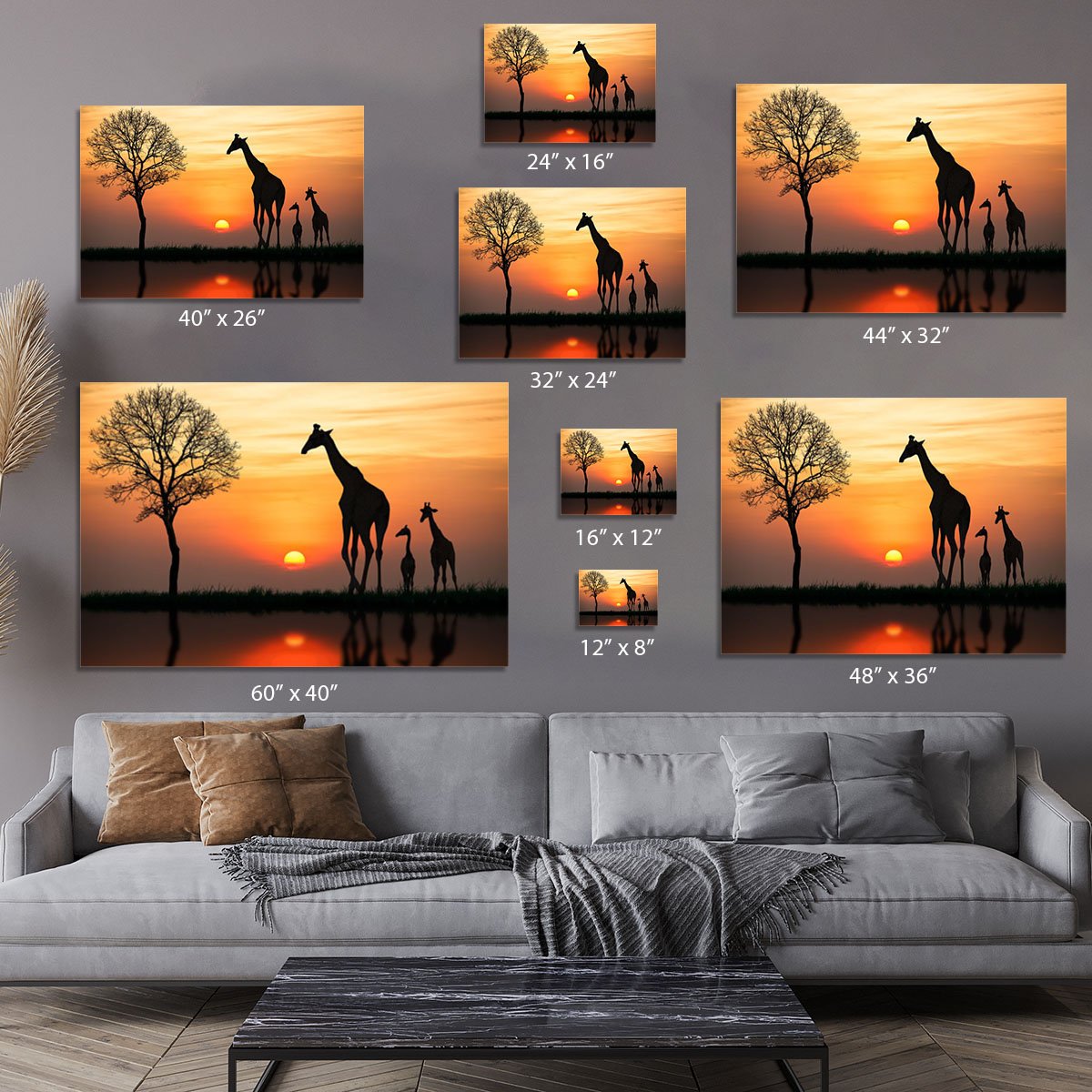 Silhouette of giraffe with reflection in water Canvas Print or Poster