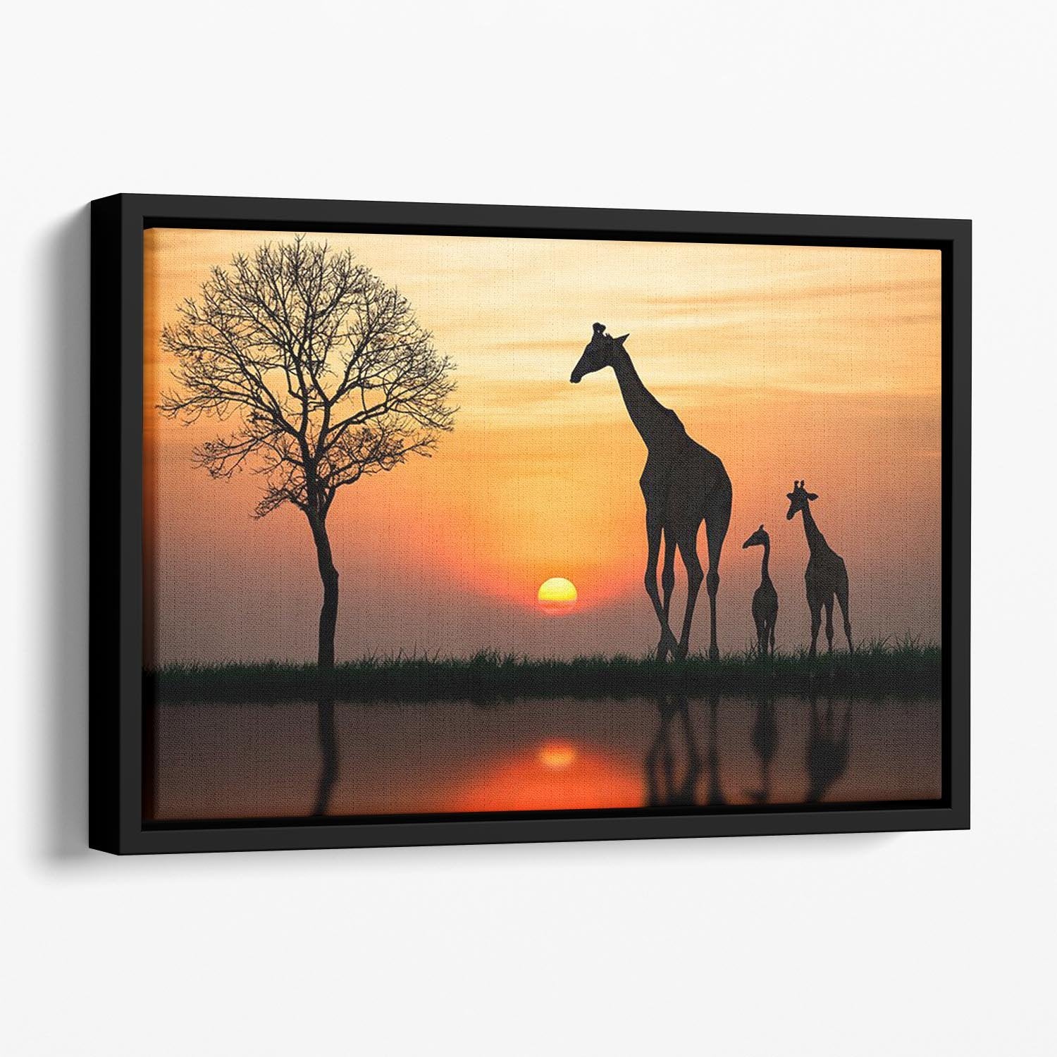 Silhouette of giraffe with reflection in water Floating Framed Canvas - Canvas Art Rocks - 1