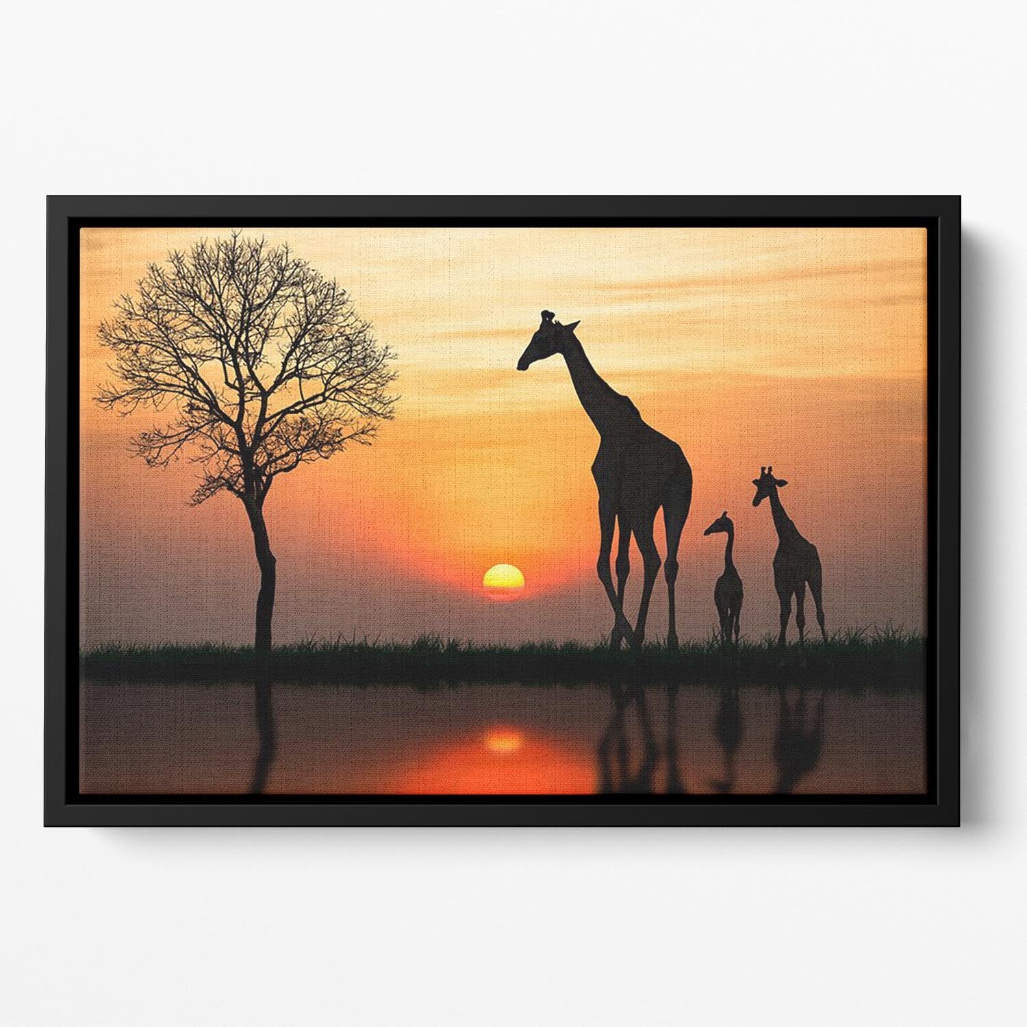 Silhouette of giraffe with reflection in water Floating Framed Canvas - Canvas Art Rocks - 2