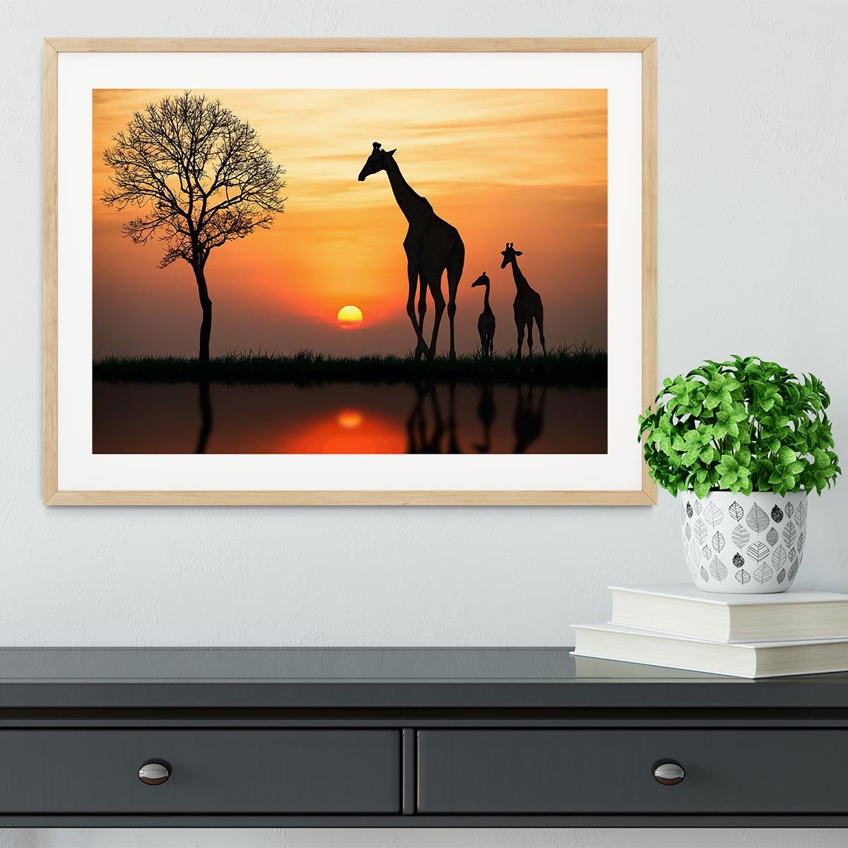 Silhouette of giraffe with reflection in water Framed Print - Canvas Art Rocks - 3