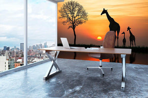 Silhouette of giraffe with reflection in water Wall Mural Wallpaper - Canvas Art Rocks - 3