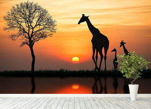 Silhouette of giraffe with reflection in water Wall Mural Wallpaper - Canvas Art Rocks - 4