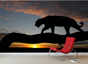 Silhouette of leopard on tree over sunset Wall Mural Wallpaper - Canvas Art Rocks - 2