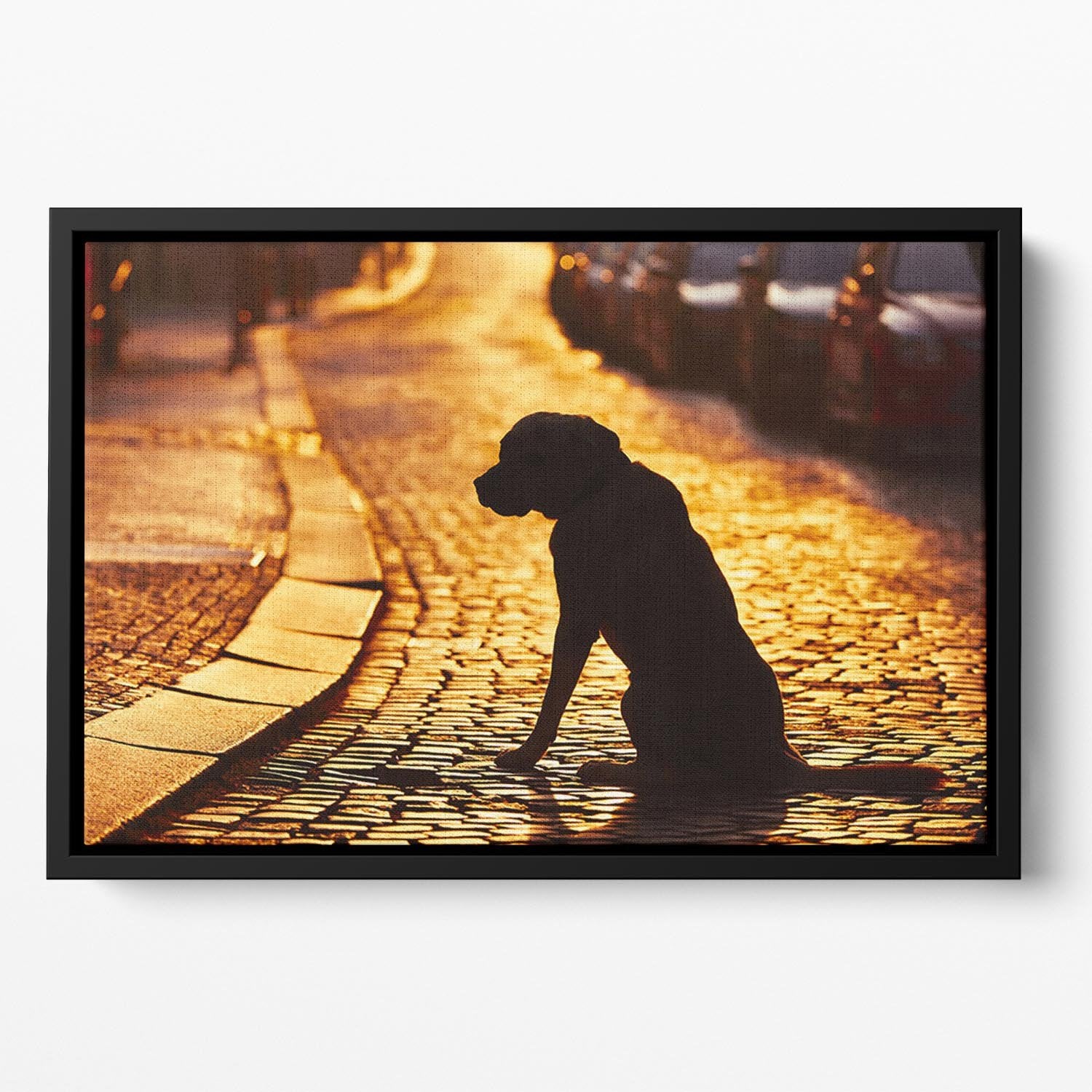 Silhouette of the dog on the street at sunset Floating Framed Canvas - Canvas Art Rocks - 2
