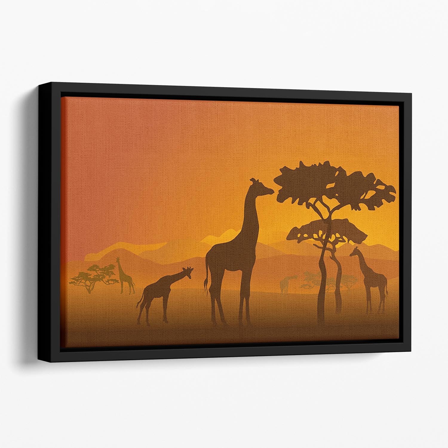 Silhouettes of giraffes in national park of Kenya Floating Framed Canvas - Canvas Art Rocks - 1