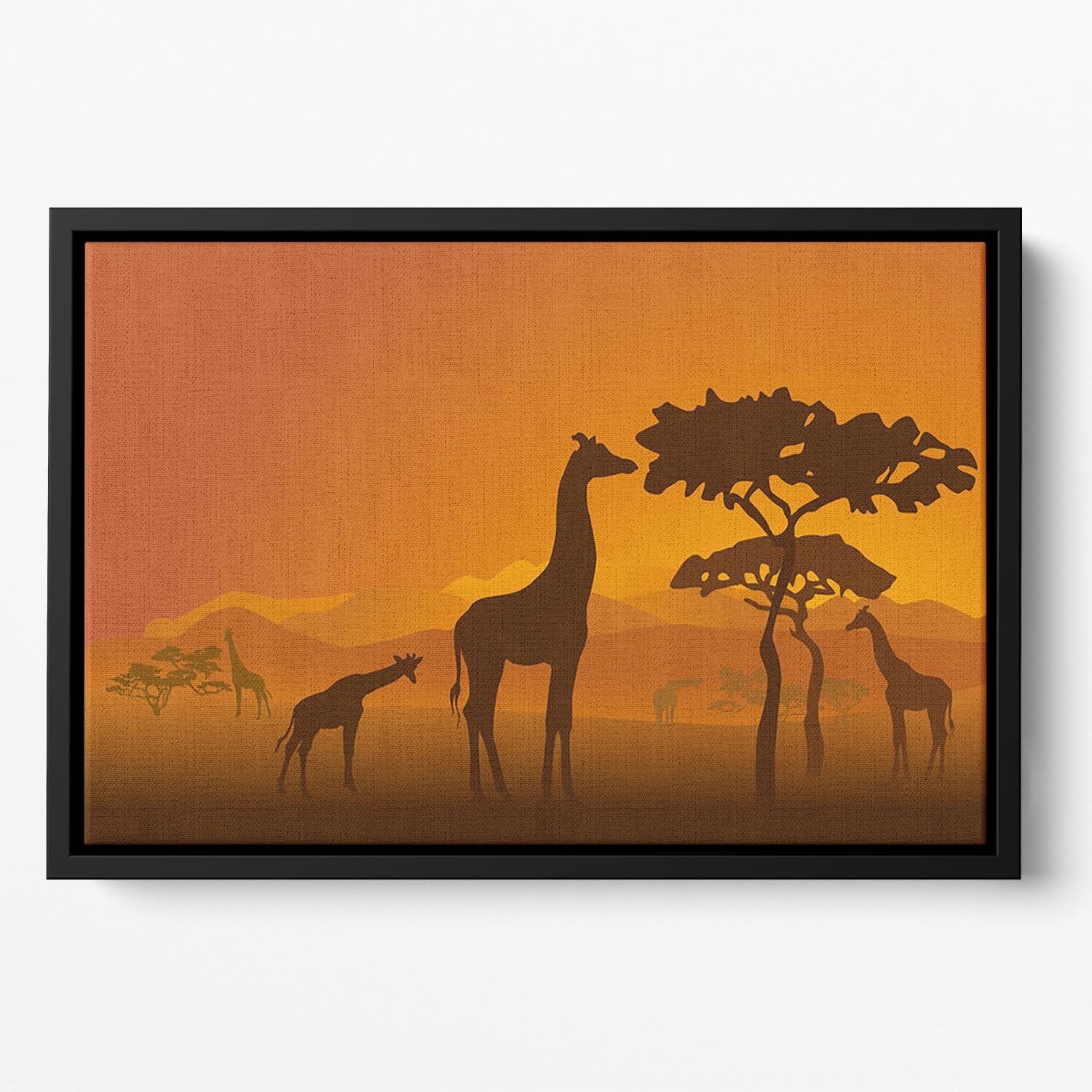 Silhouettes of giraffes in national park of Kenya Floating Framed Canvas - Canvas Art Rocks - 2