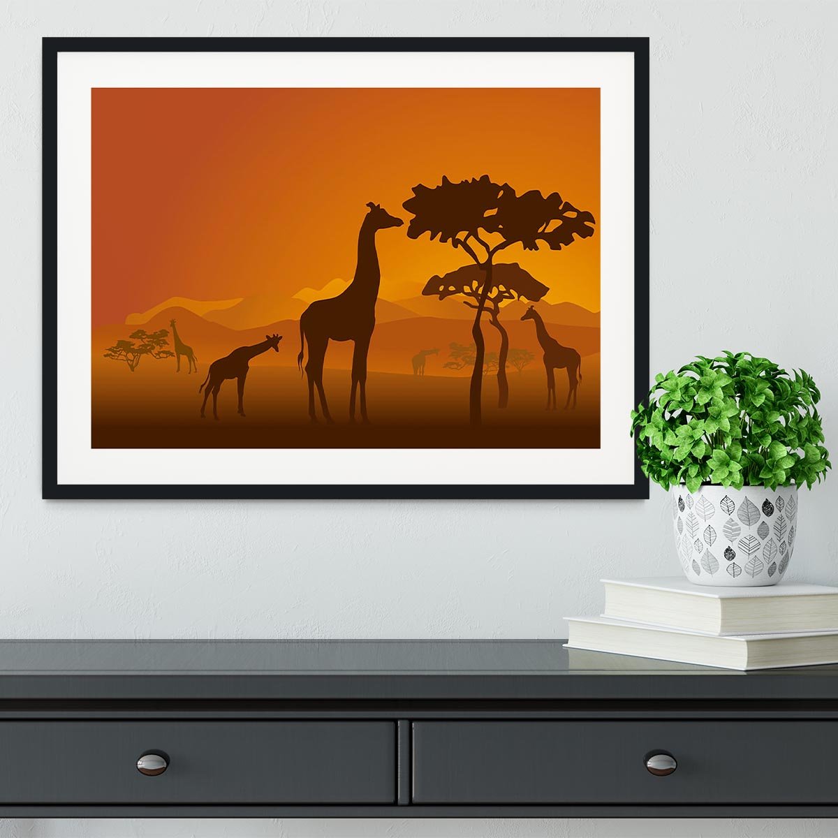 Silhouettes of giraffes in national park of Kenya Framed Print - Canvas Art Rocks - 1