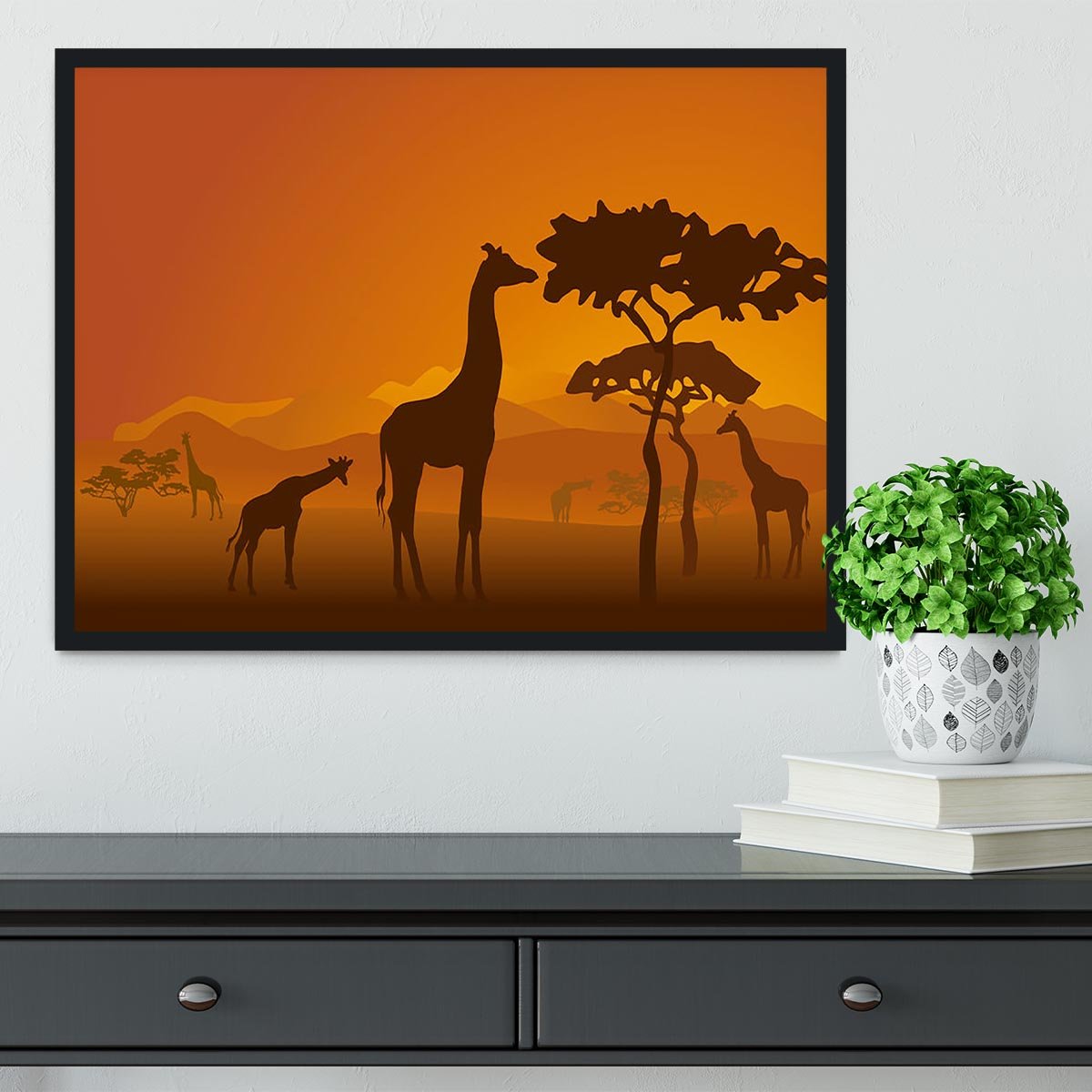 Silhouettes of giraffes in national park of Kenya Framed Print - Canvas Art Rocks - 2