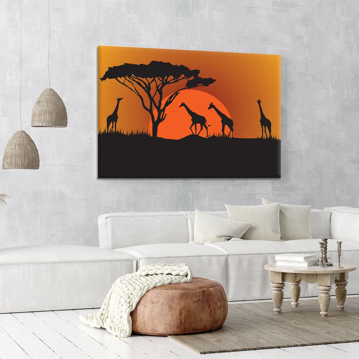 Silhouettes of giraffes in safari sunset Canvas Print or Poster